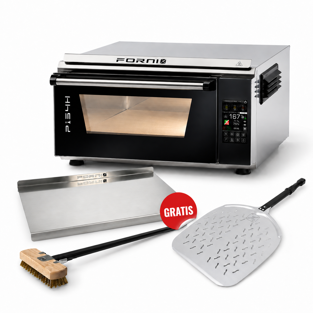 EffeUno P134H EEP Pizzaofen mit Pizzaschaufel und weiterem Gratiszubehör auf weißem Hintergrund.